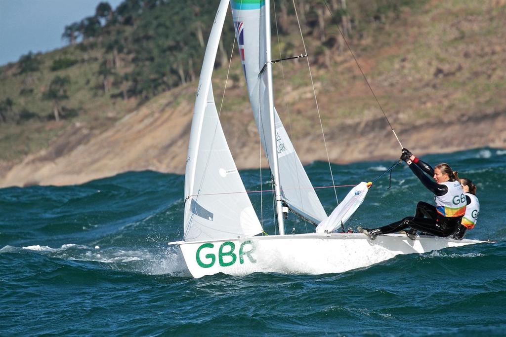 Hannah Mills and Saskia Clark (GBR) hang on to cross the finish line - race 4 Womens 470, 2016 Olympics © Richard Gladwell www.photosport.co.nz